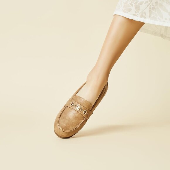 Women Khaki Polyurethane Accent Buckle Leisure Slip On Walking Flats Shoes - Picture 3 of 9